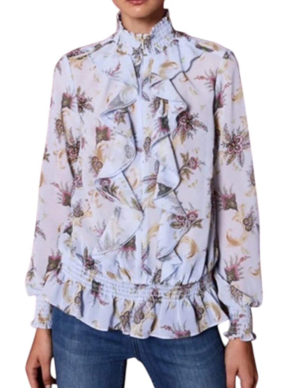 Ted Baker Jorilee Blue Moon Ruffle Blouse Sz 1 S Oversized Paisley 19” PTP